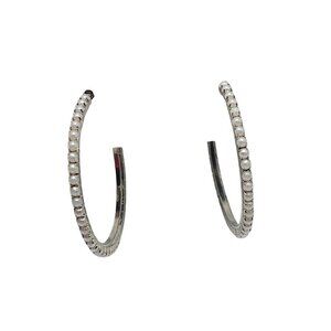 Silver Tone Faux Pearl Pave Hoop Earrings 2-Inch Diameter For Women